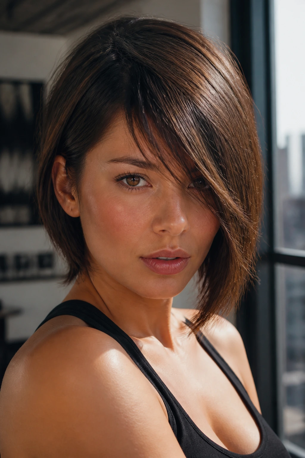 Portrait of a woman with asymmetrical fringe and diagonal bangs