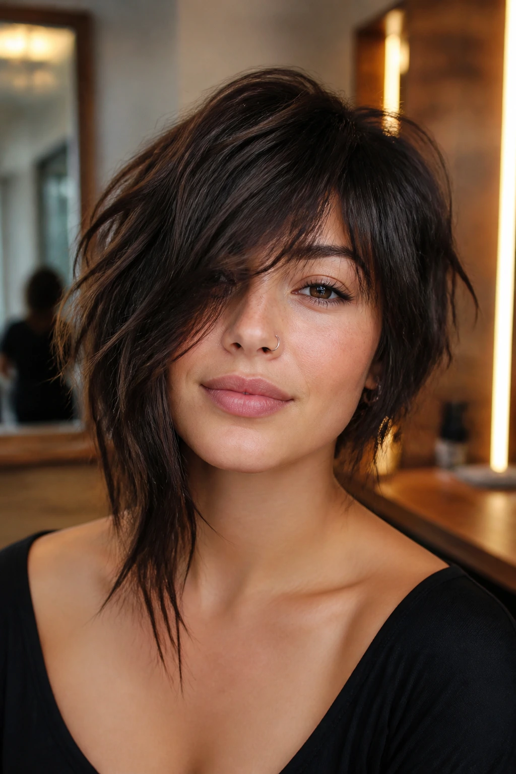 Portrait of a real woman with asymmetrical shag