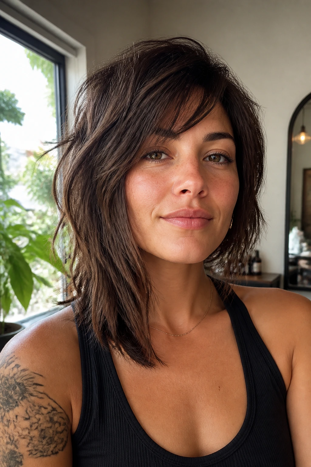 Close-up portrait of a real person with an asymmetrical shag haircut and layered side, warm window light.