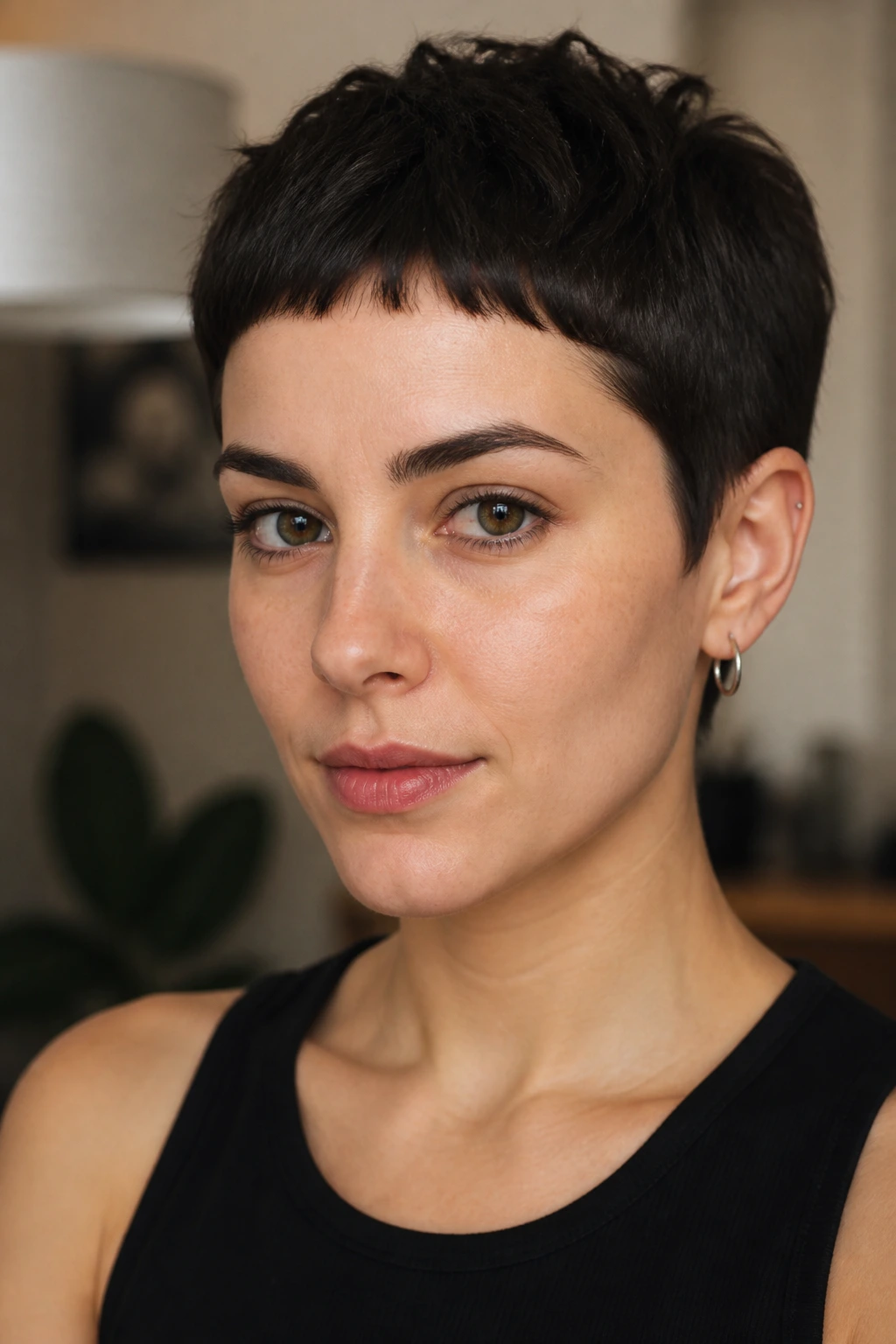 Close-up of a real woman with baby bangs and a pixie cut