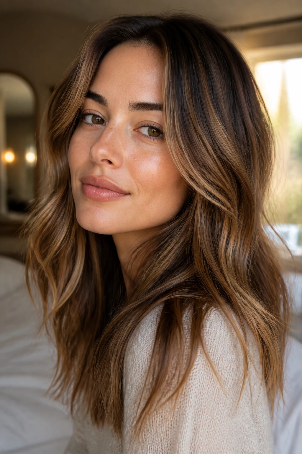 Close-up portrait of a real woman with fine babylights in brown hair under warm window light.
