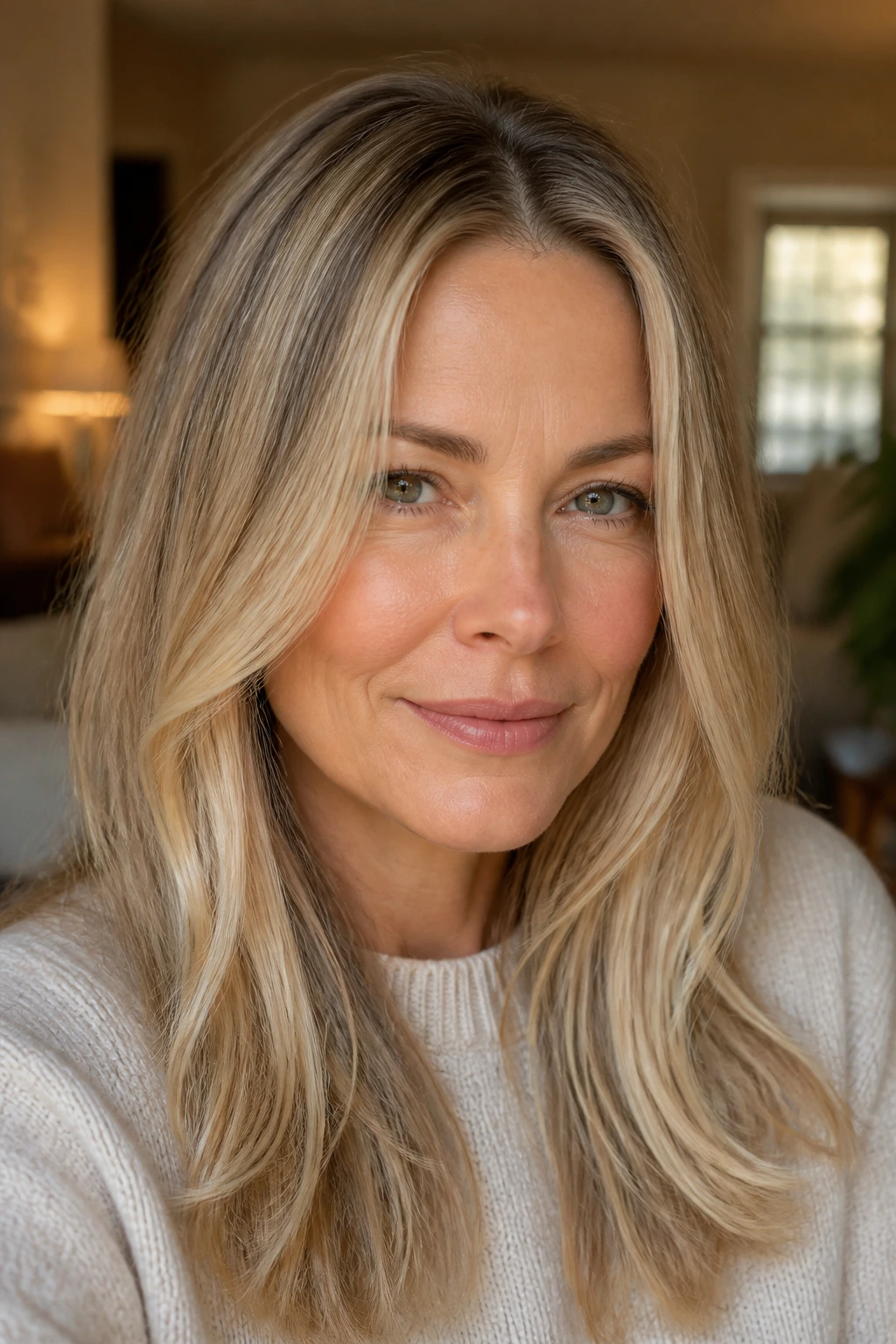 Close-up of a woman with fine babylights and root smudge hair