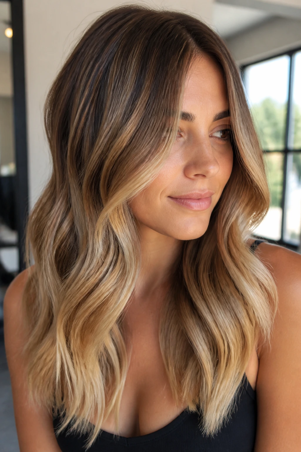 Close-up of a woman with caramel and vanilla blonde balayage