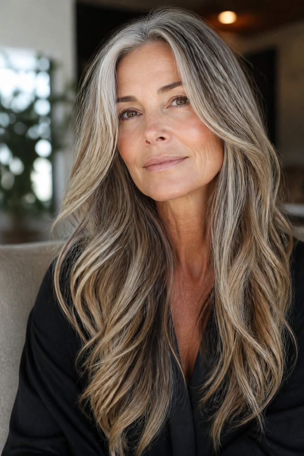 Close-up of a real woman with long hair and subtle balayage highlights