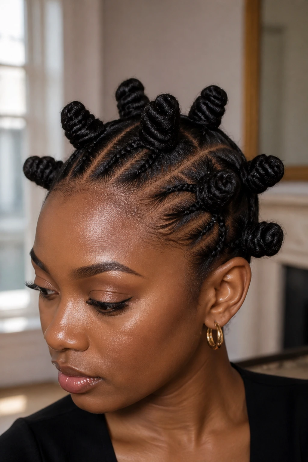 Close-up of a real woman with bantu knots and braided foundation