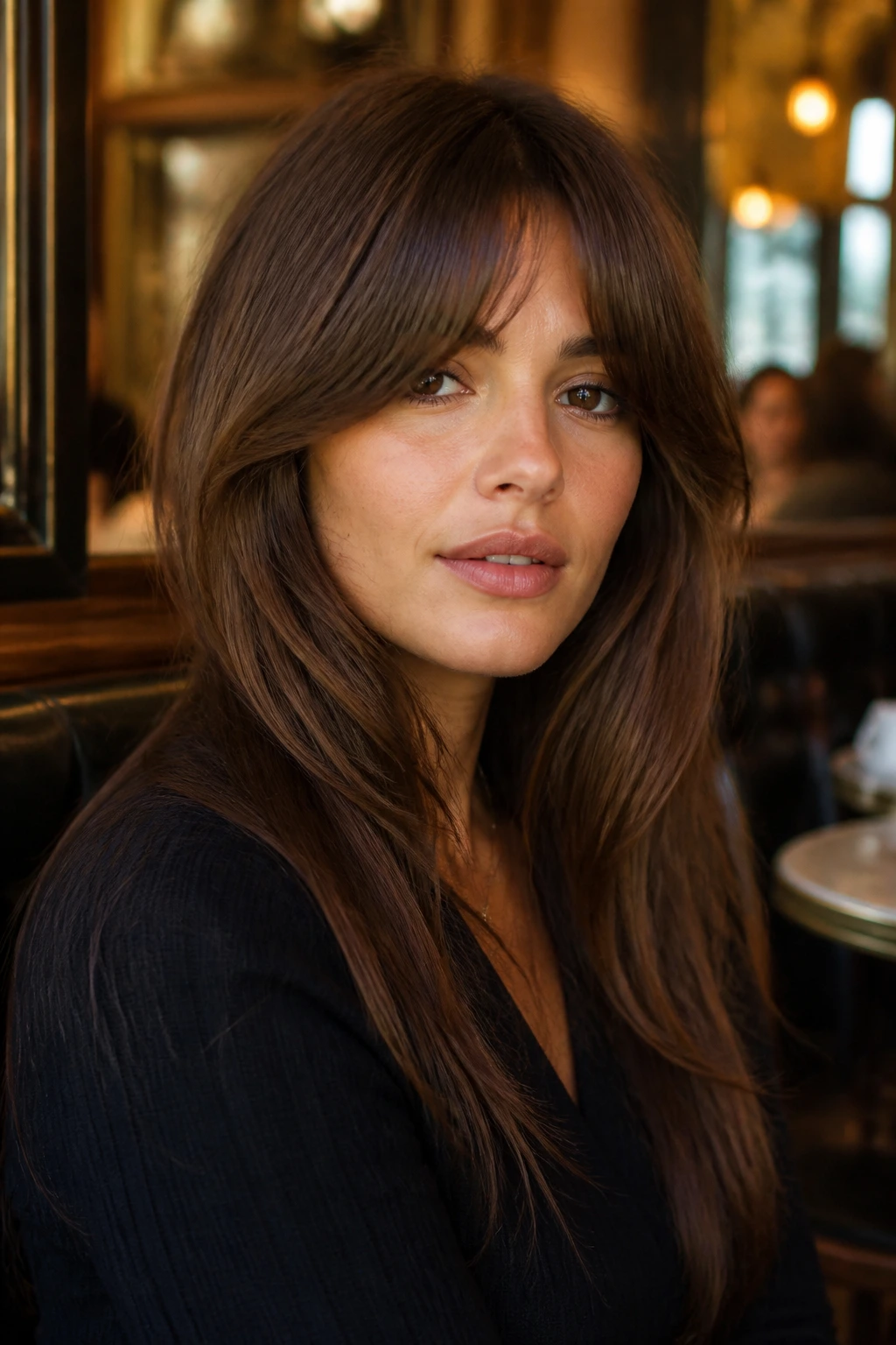 Close-up of a real woman's Bardot-inspired heavy fringe