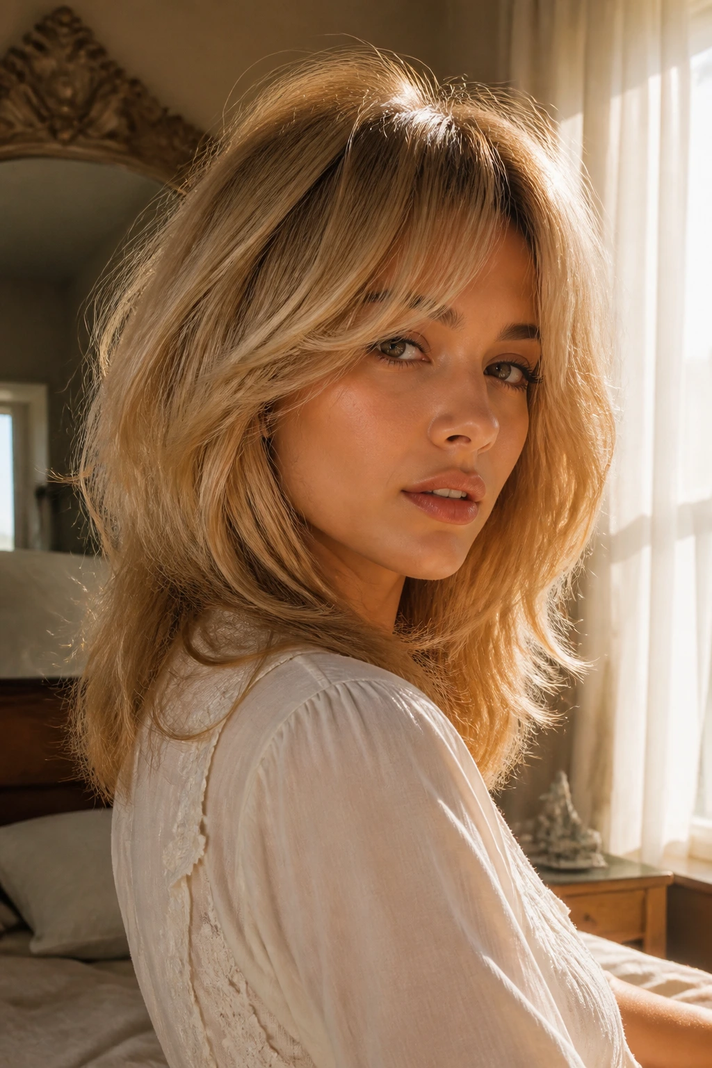 Real person with Bardot-inspired soft shag and voluminous crown.