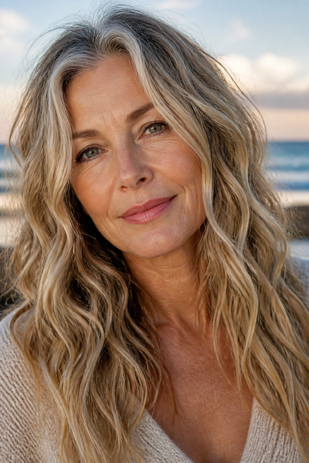 Real woman with textured beach waves in golden hour light