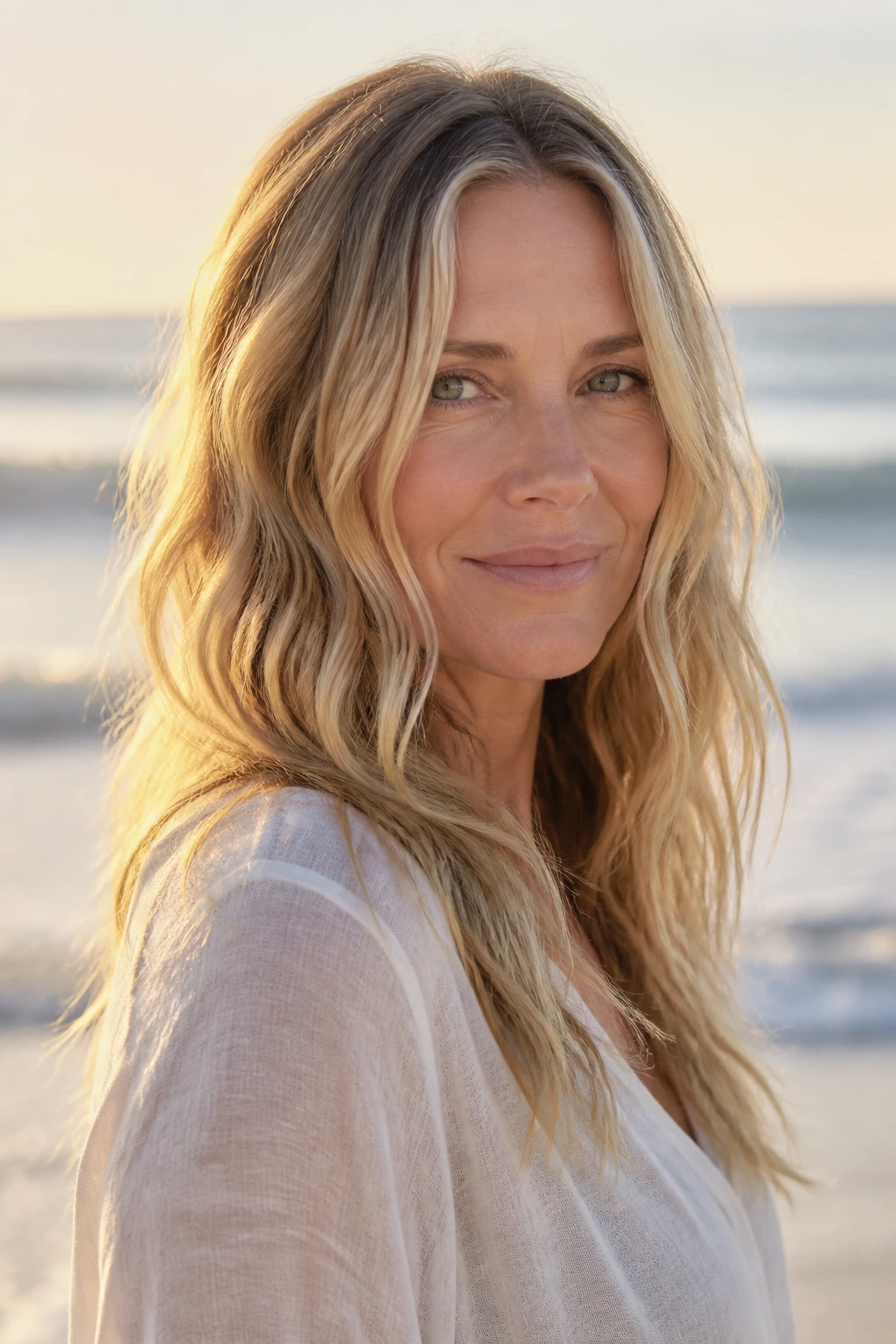 Portrait of a real woman with loose beachy waves in warm golden hour light near the ocean.