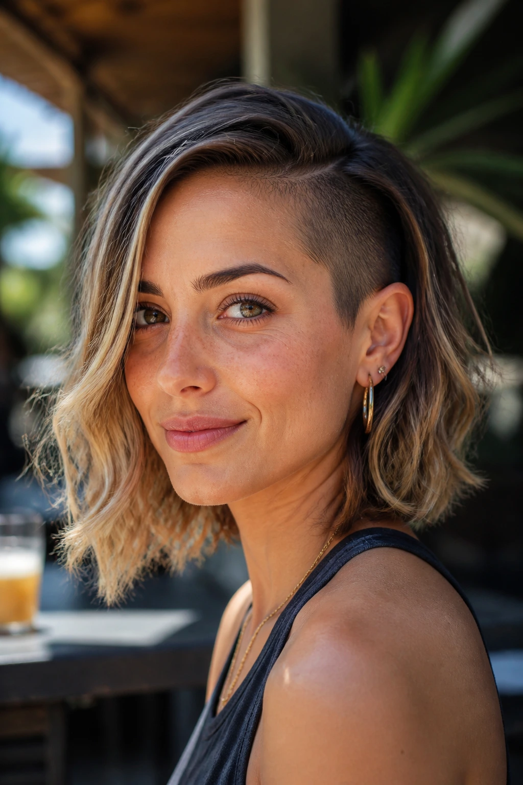Close-up portrait of a real person with beachy lob and tucked side shave outdoors