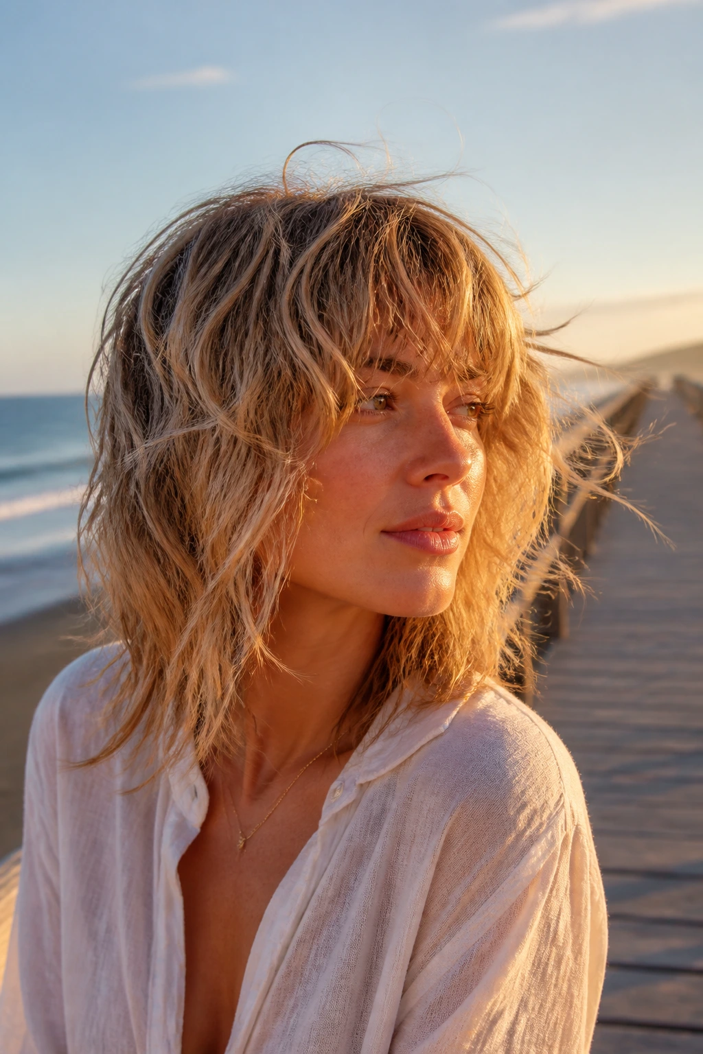 Portrait of a real person with beachy messy shag at the beach.