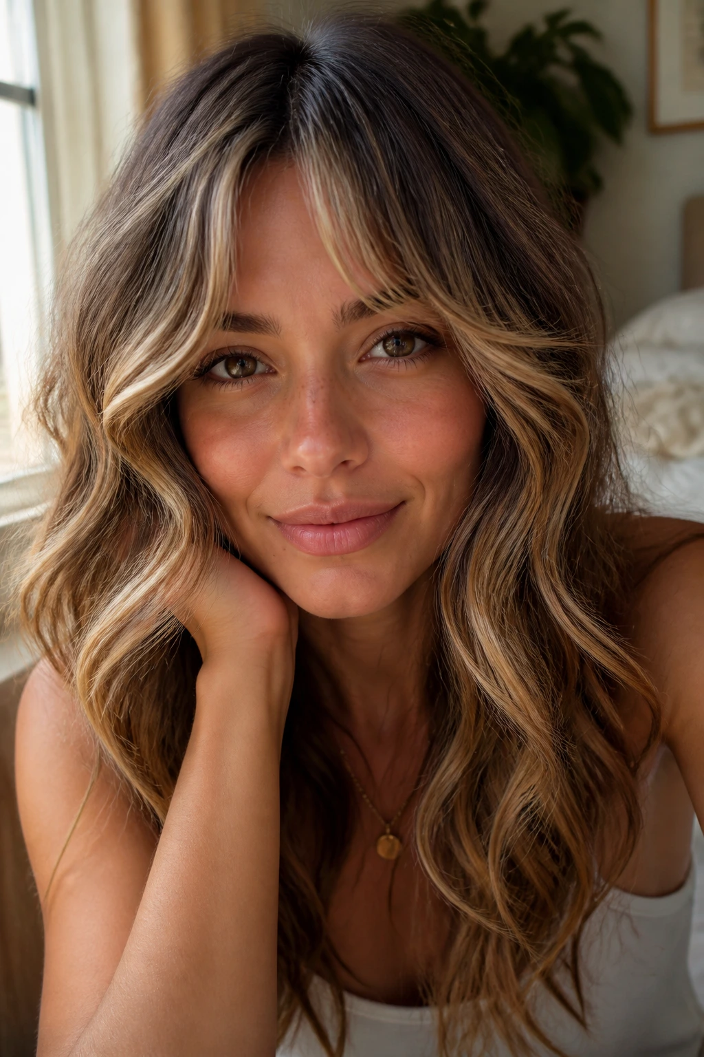Close-up of a woman with beachy wavy curtain bangs in warm window light