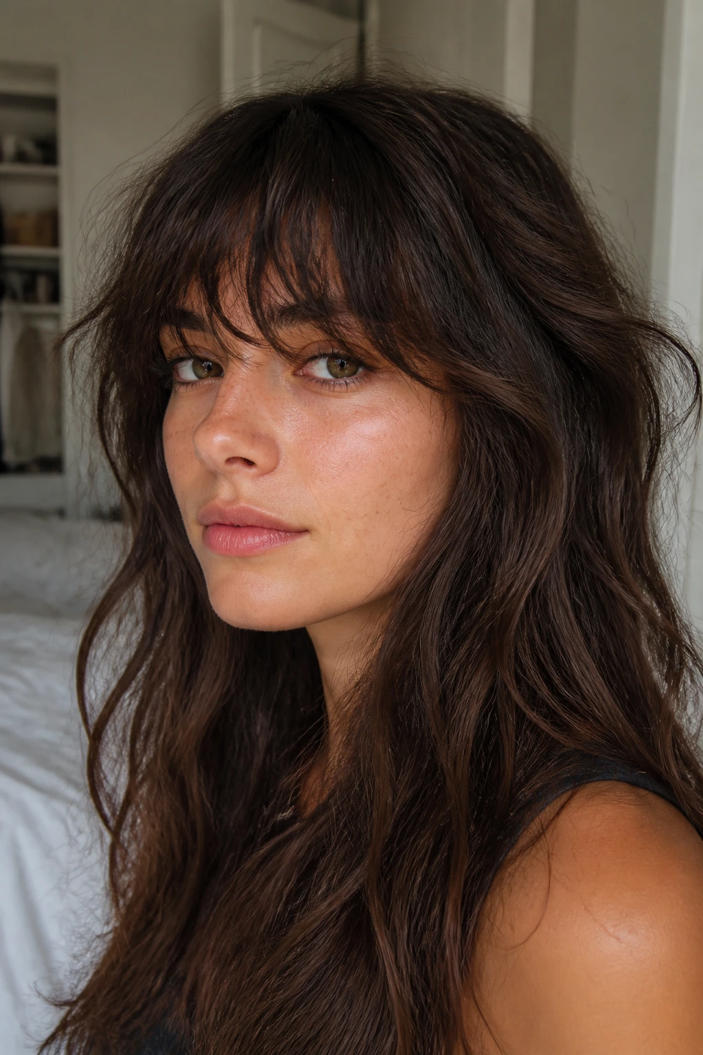 Close-up of a real woman with messy bedhead fringe on thick wavy hair