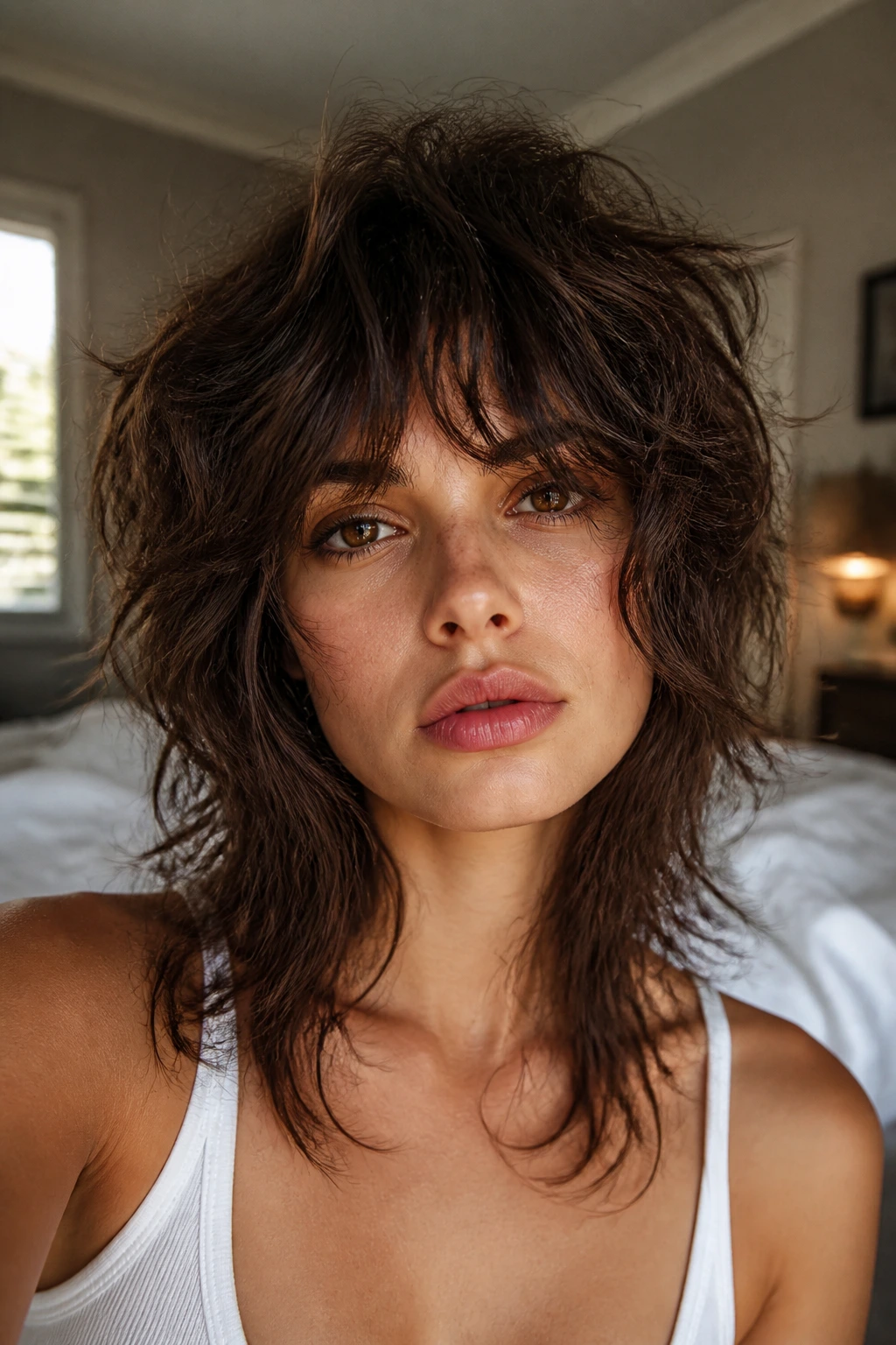 Close-up portrait of a real person with messy bedhead shag in a cozy bedroom