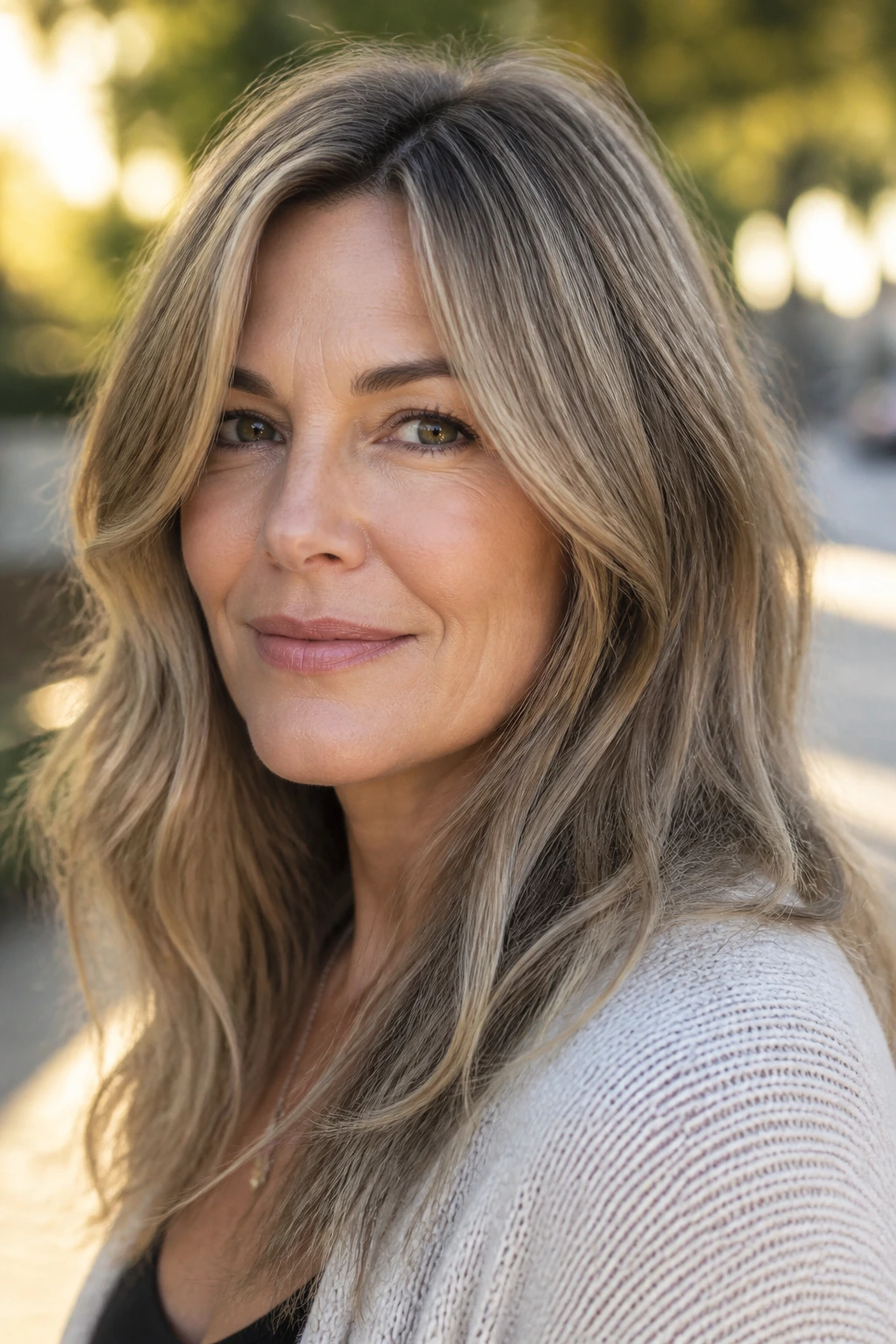 Close-up of a woman with natural beige bronde hair in outdoor golden hour light