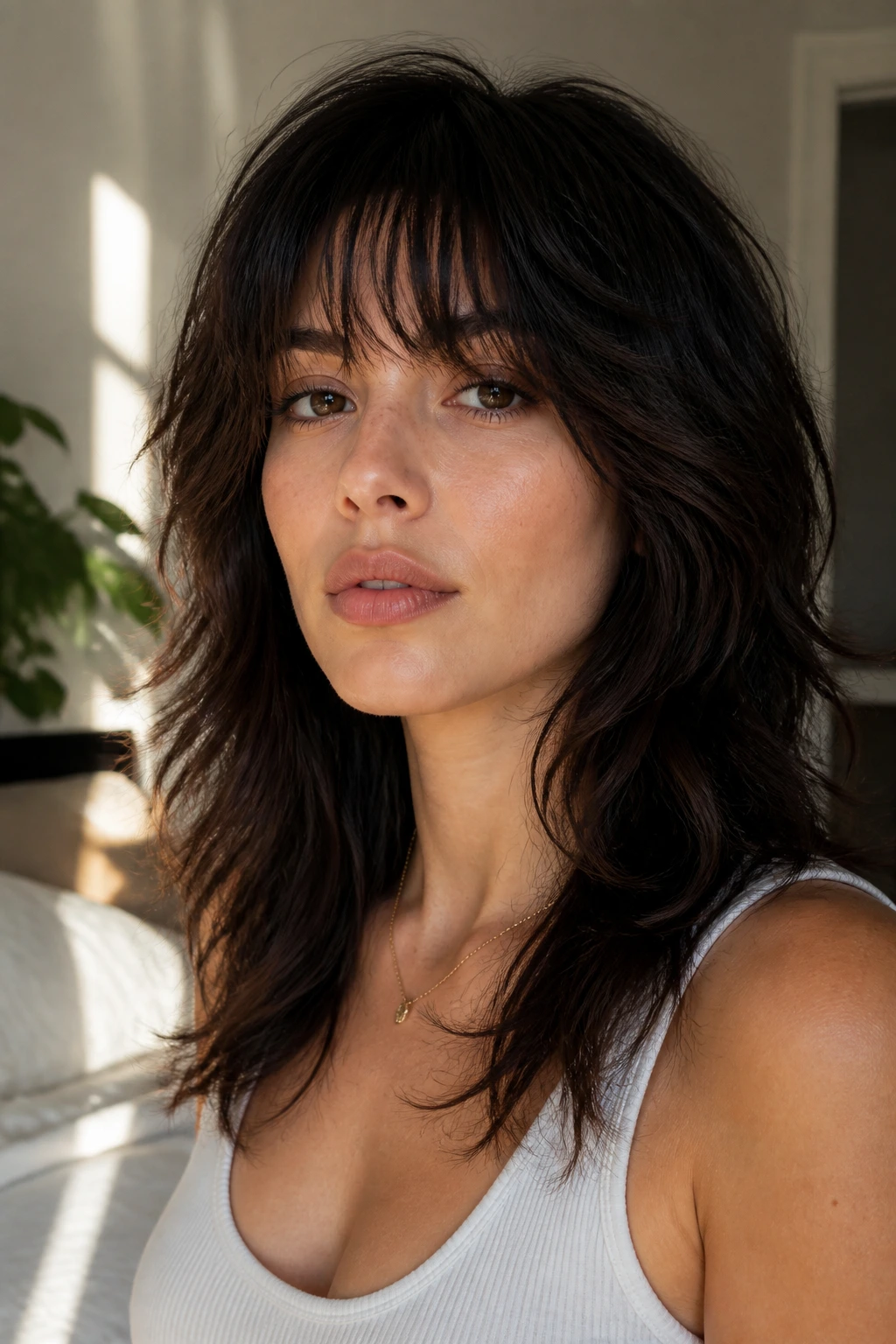 Real woman with softly blended shag, smooth transition between layers