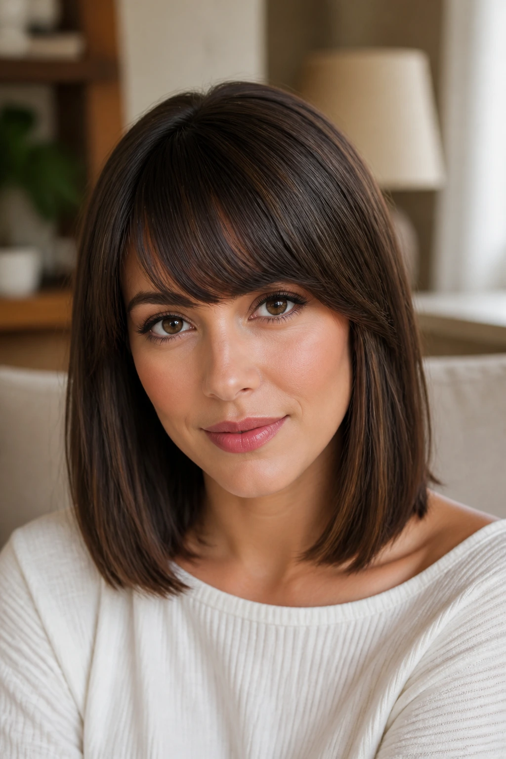 Close-up of blunt bangs with soft side sweep on real woman