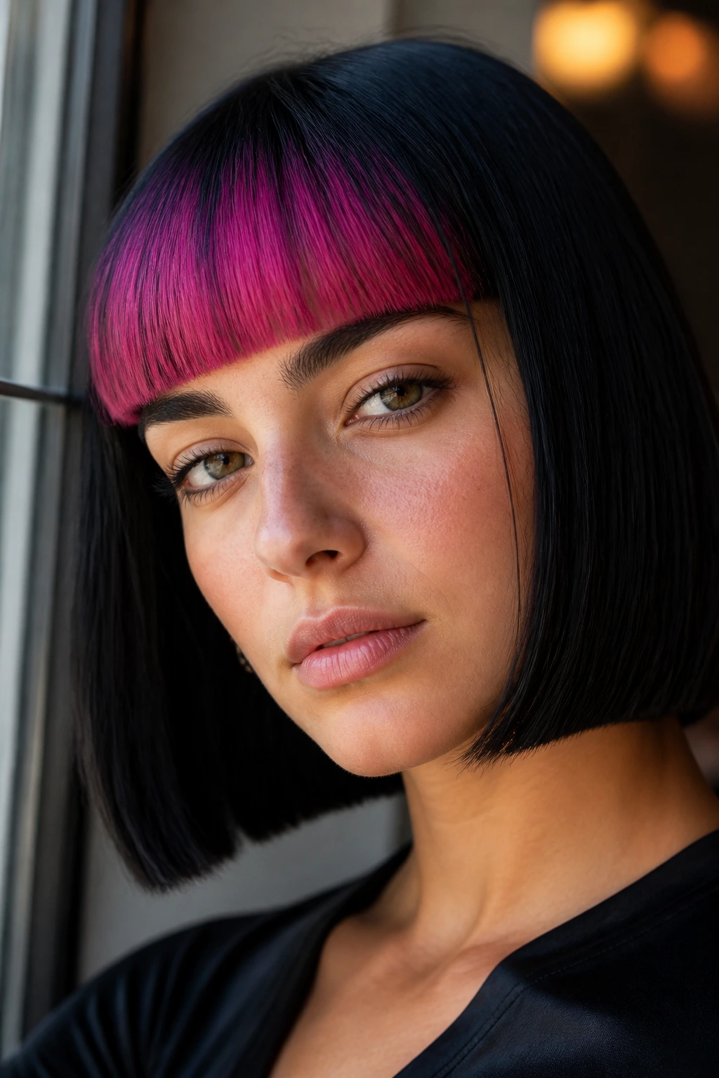 Portrait of person with blunt bob and color-blocked fringe.