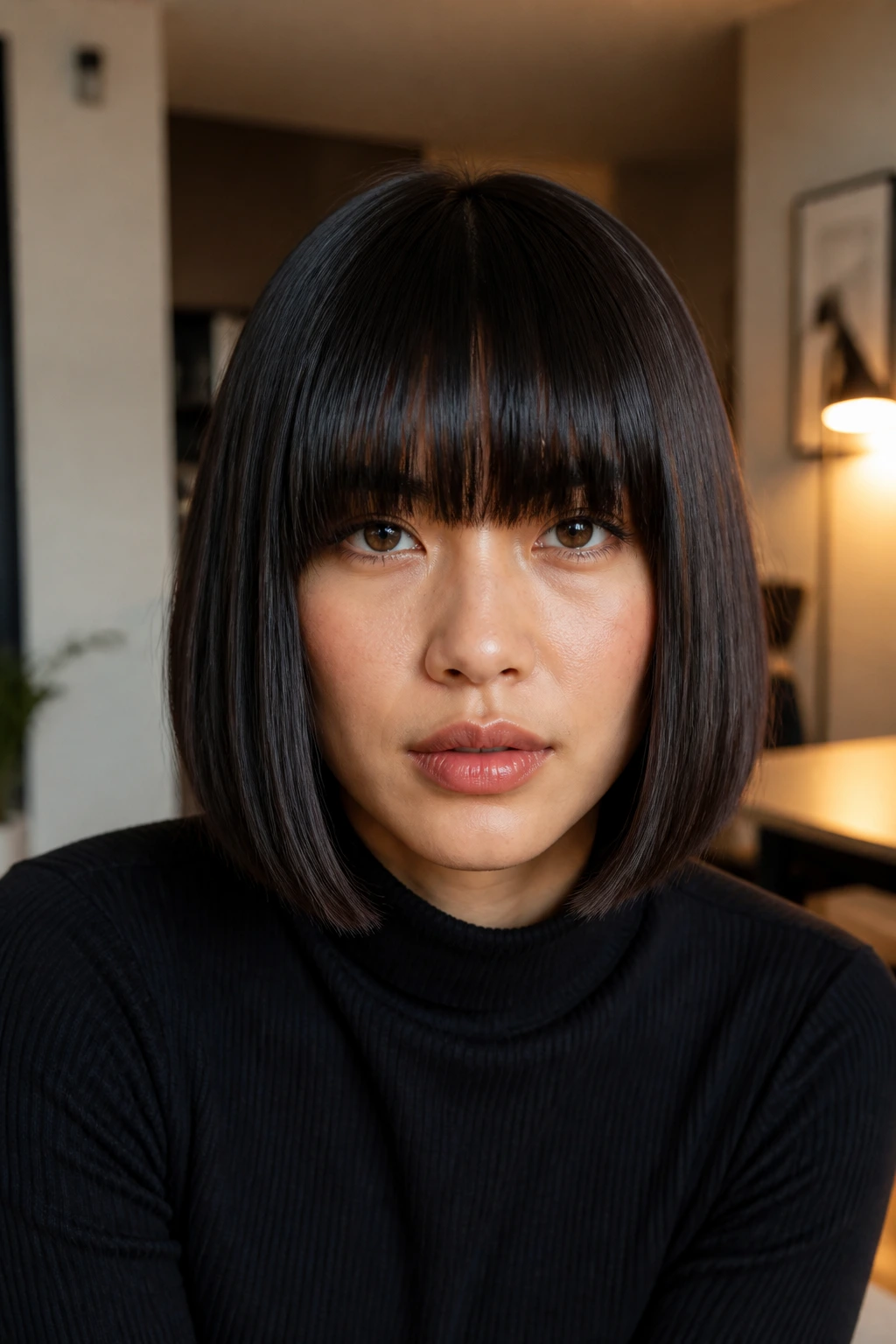 Close-up of blunt bob with heavy fringe on a real person