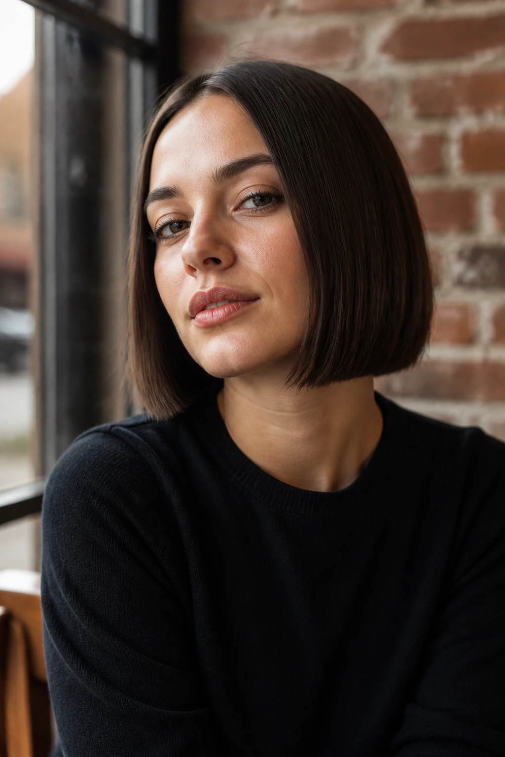 Close-up portrait of a real woman with a blunt bob cut