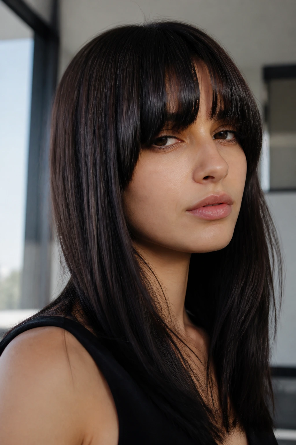 Portrait of a person with heavy blunt-cut curtain bangs in a sleek straight hairstyle