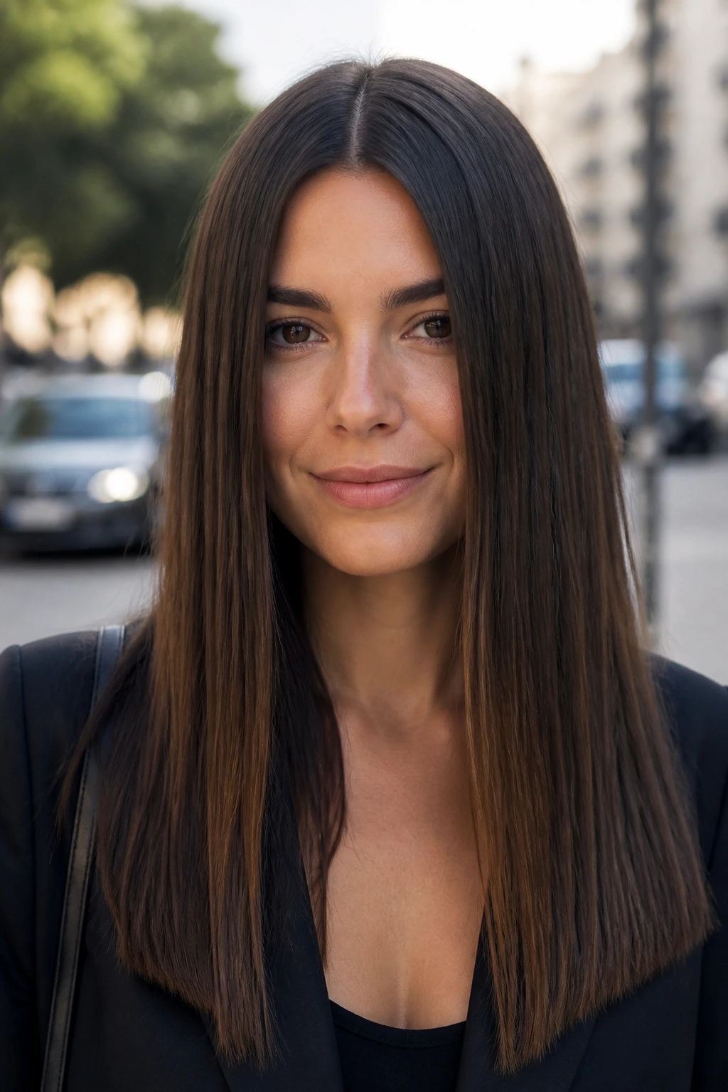 Close-up of a real woman with blunt cut and center part