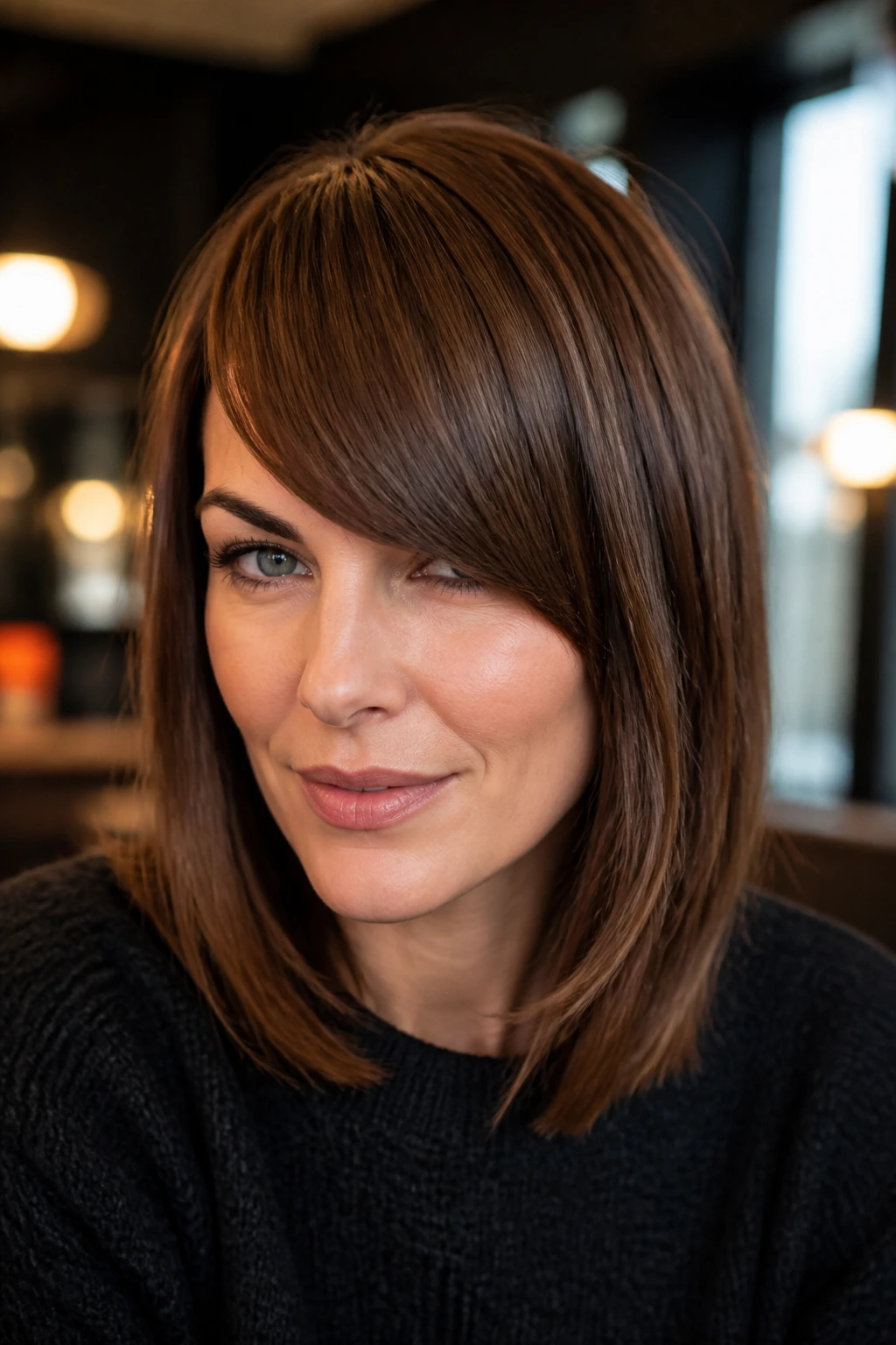 Portrait of a woman with blunt-cut fringe swept to the side in warm urban lighting