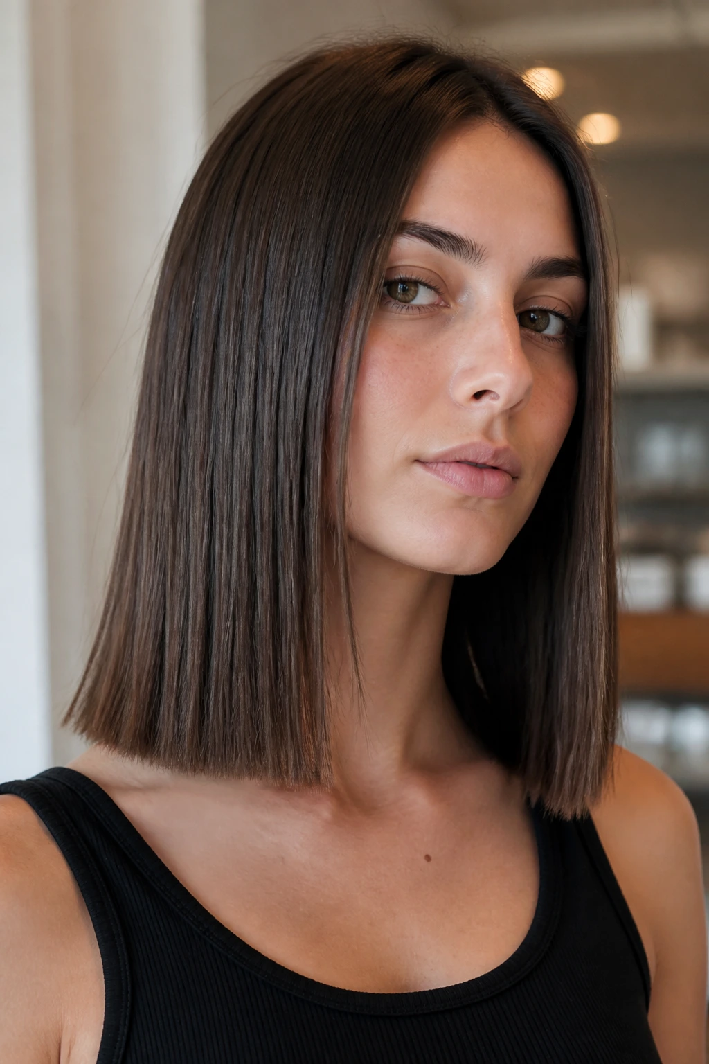 Real woman with blunt shoulder-length cut close-up portrait