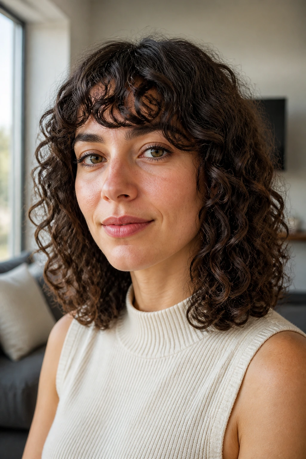 Front portrait of a real person with blunt curly ends and hidden internal layers