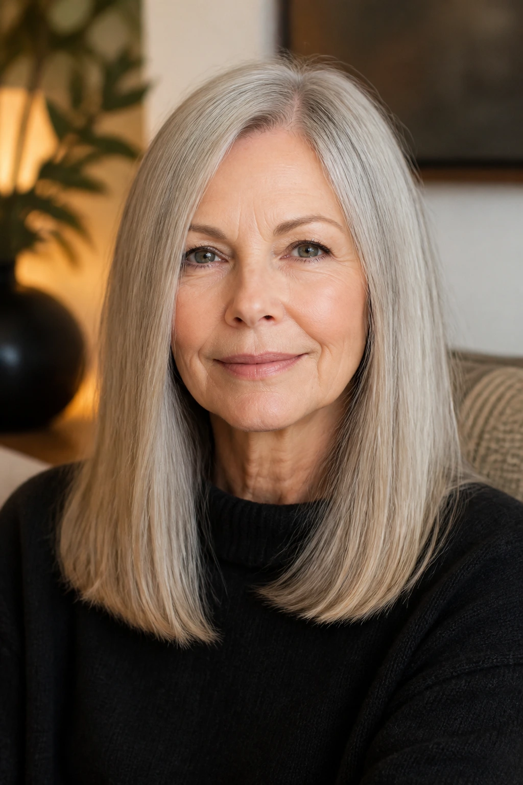 Close-up of a real woman with a blunt, layered long haircut in warm light