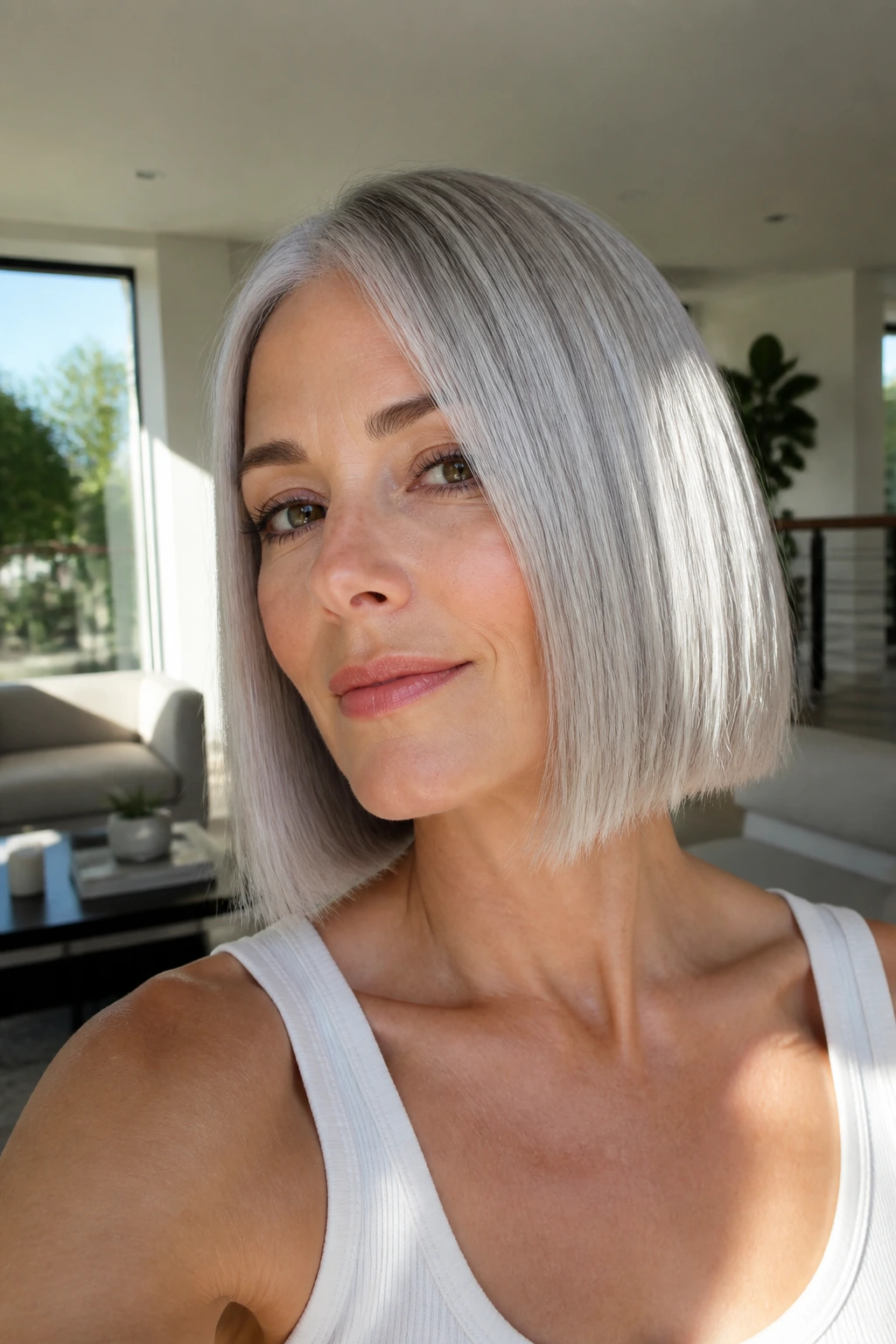 Close-up of chin-length glossy silver blunt cut on a real person