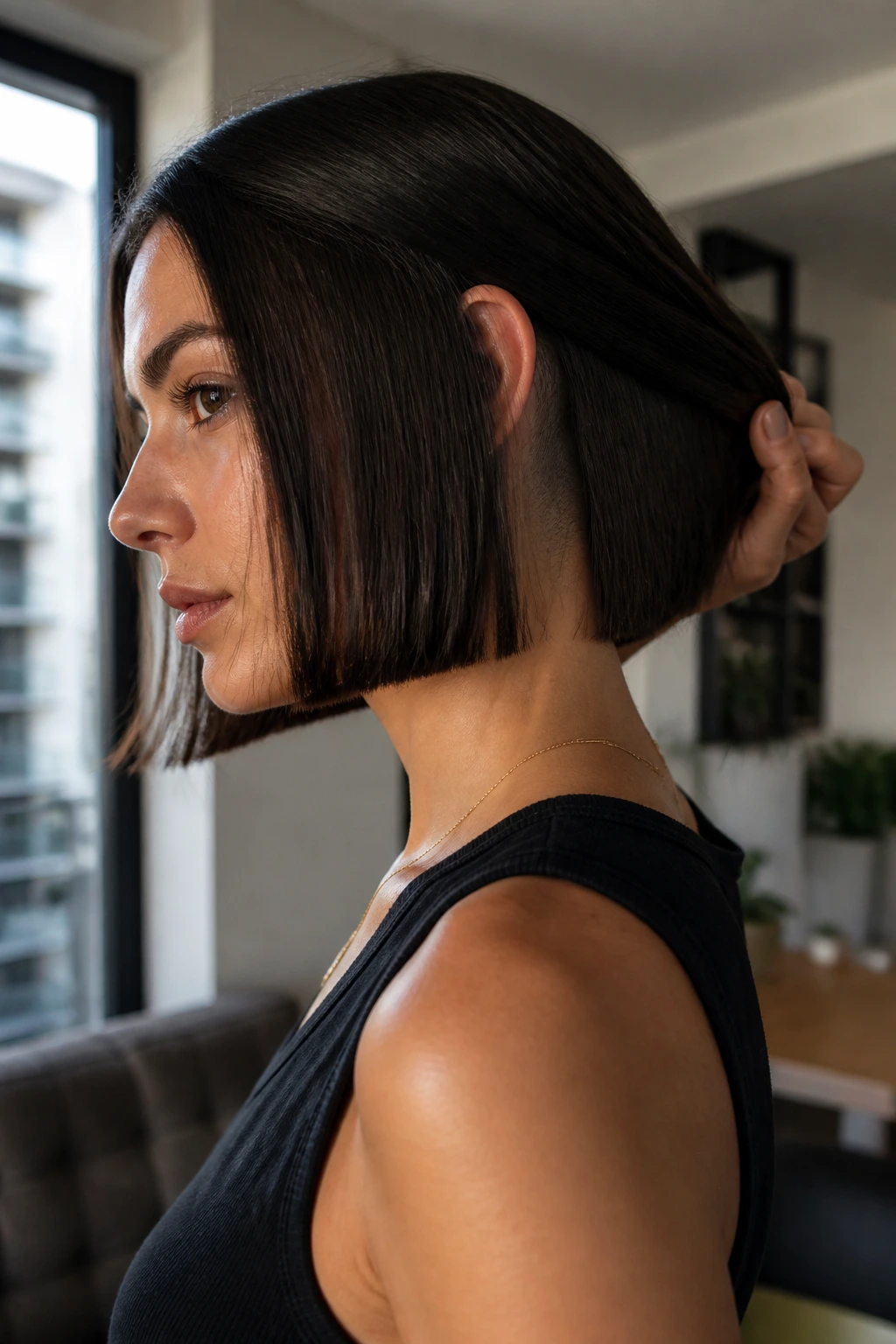 Close-up portrait of a real woman with blunt shoulder-length cut and underlayer shave in a bright home setting