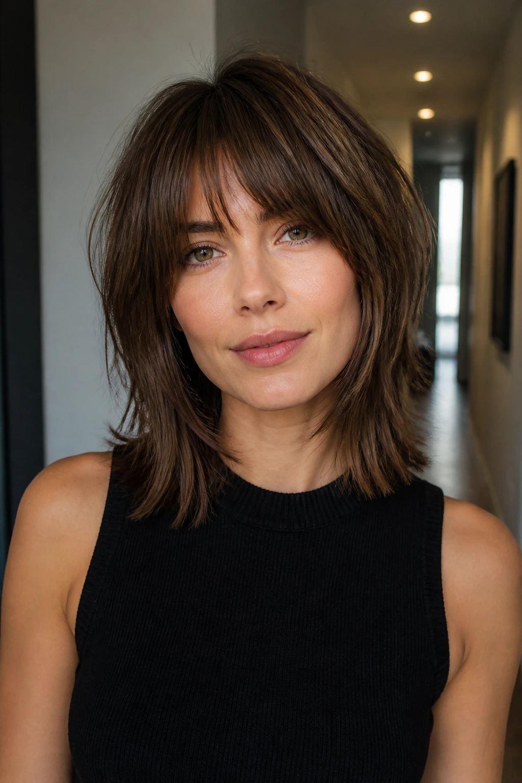 Close-up portrait of a real woman with Blunt-End Shag, straight bottom edges in a modern hallway light.