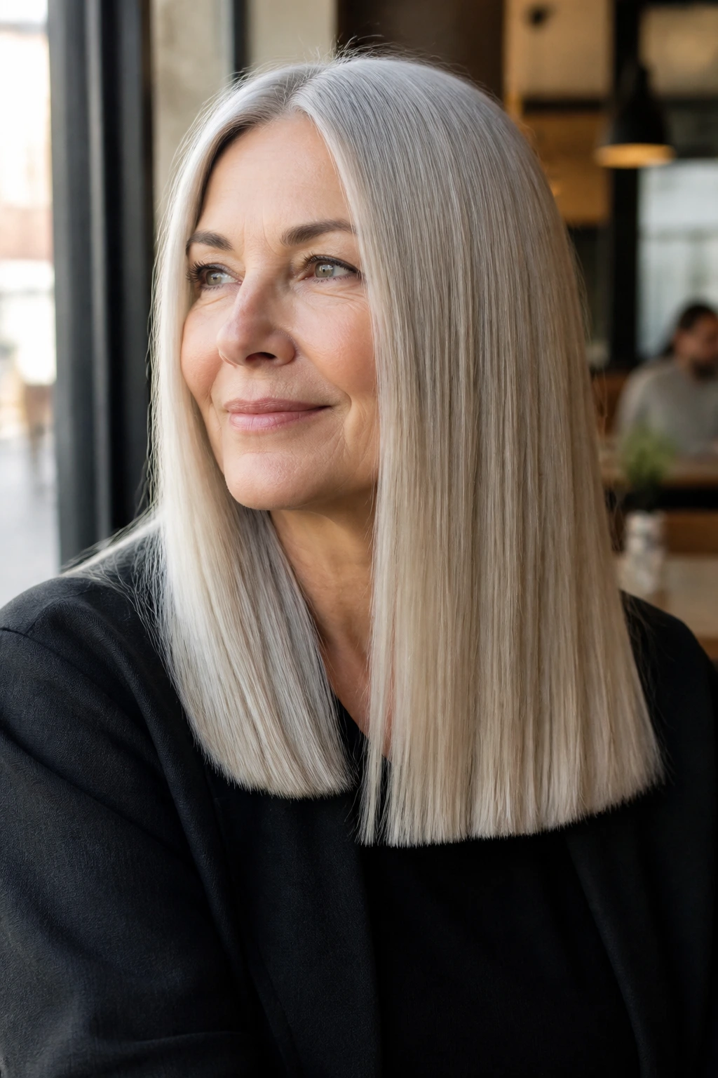 Portrait of a real woman with sleek straight hair and blunt ends