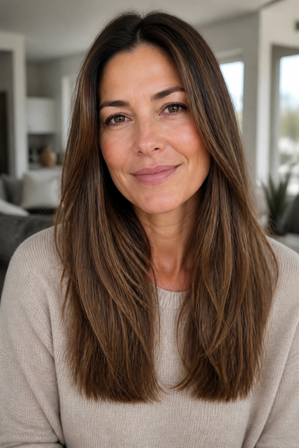 Close-up of a woman with blunt ends and textured mid-length hair.