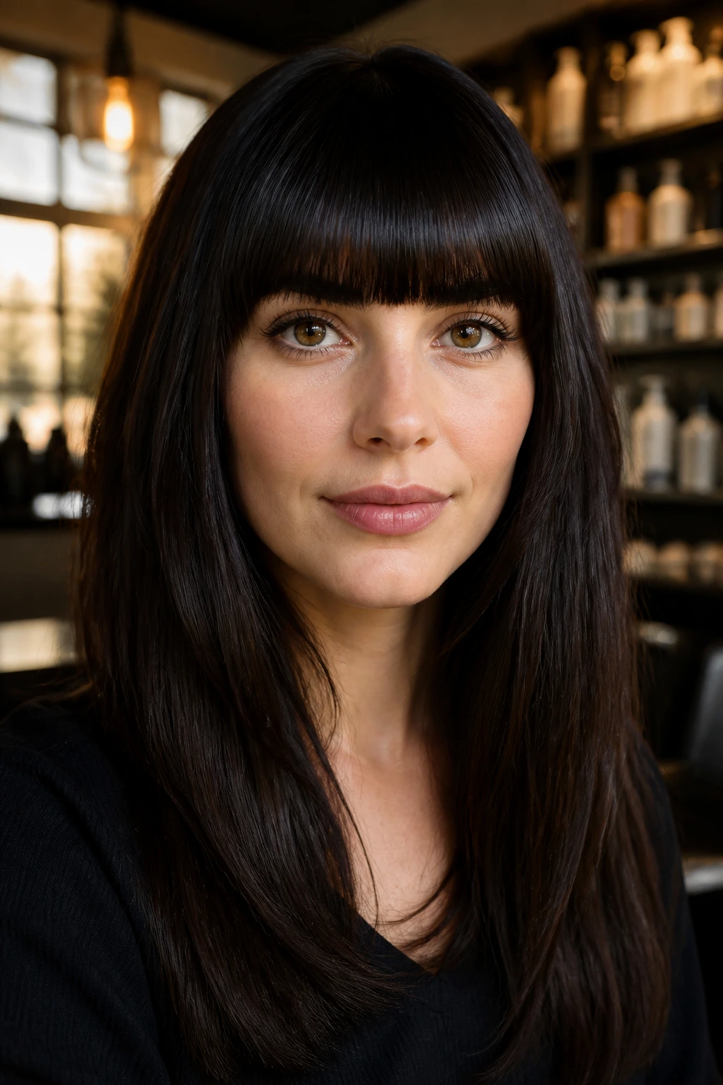 Close-up of a real woman's blunt fringe across brows in a salon