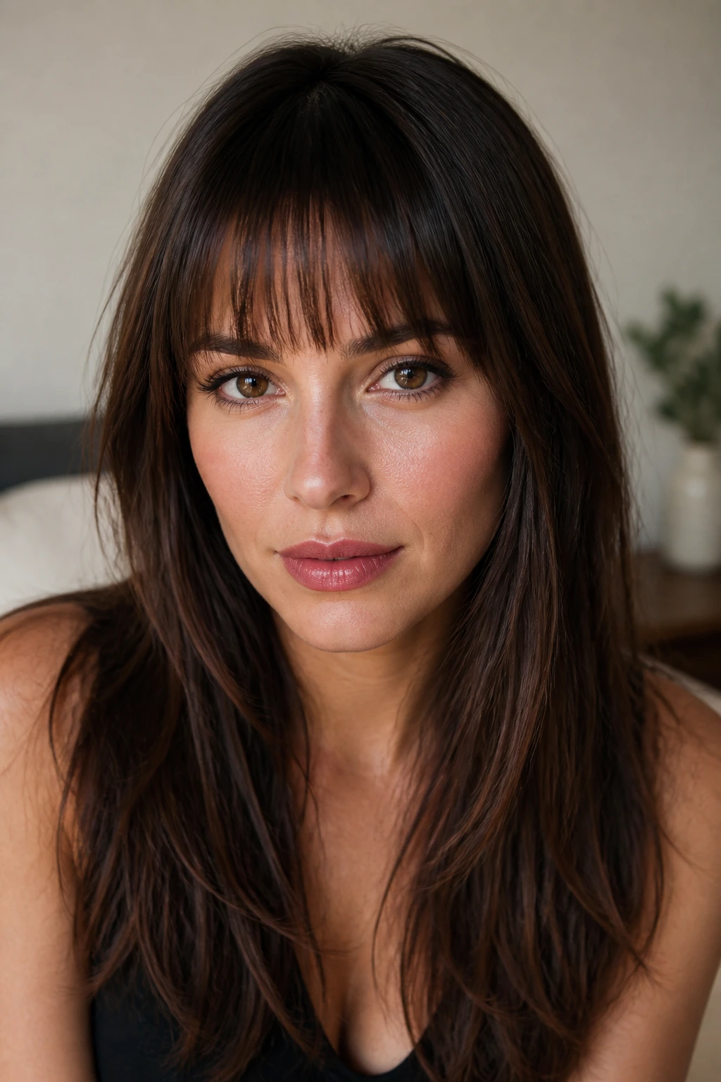 Close-up of a real woman with blunt fringe and see-through ends