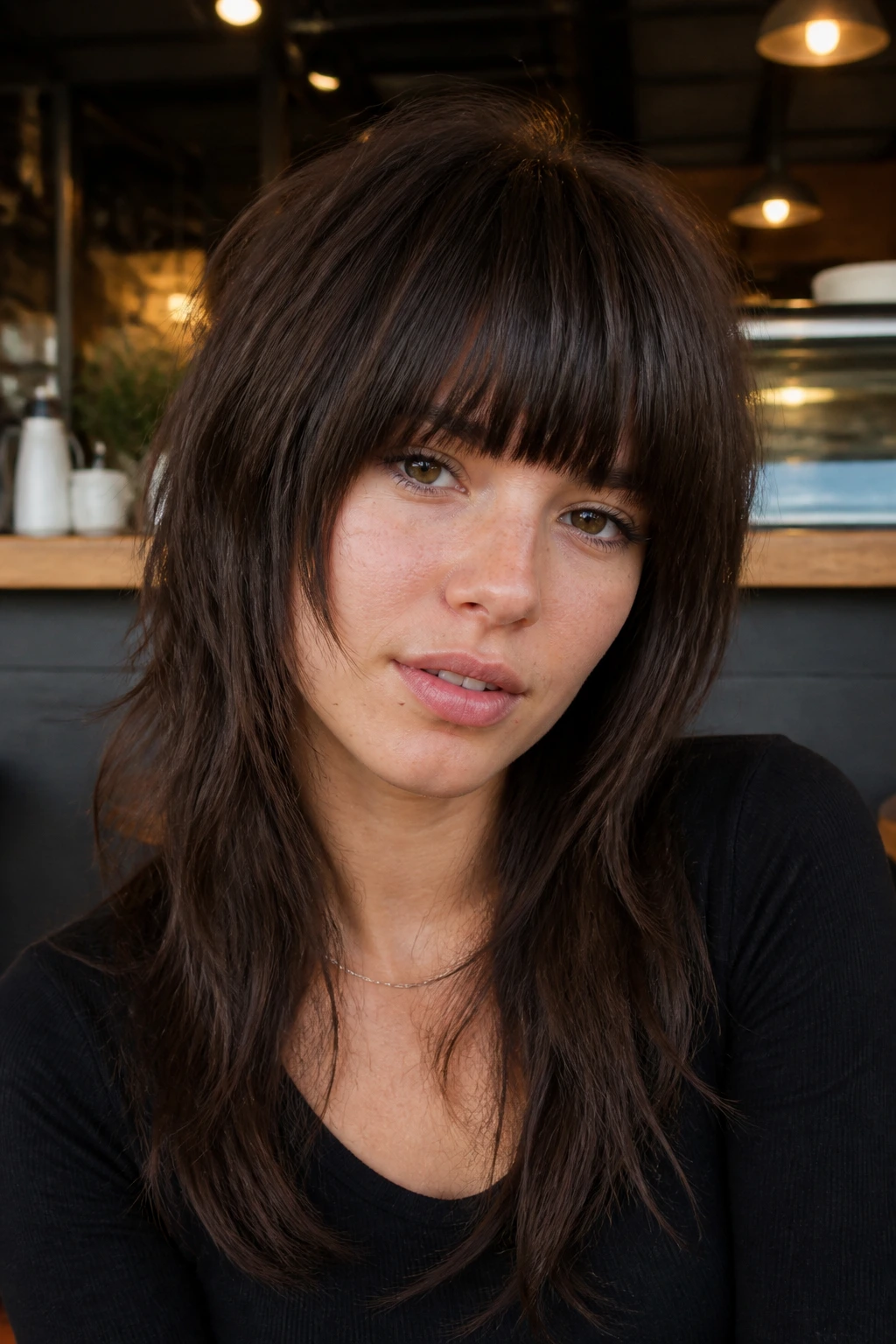 Close-up of a real person with blunt fringe shag