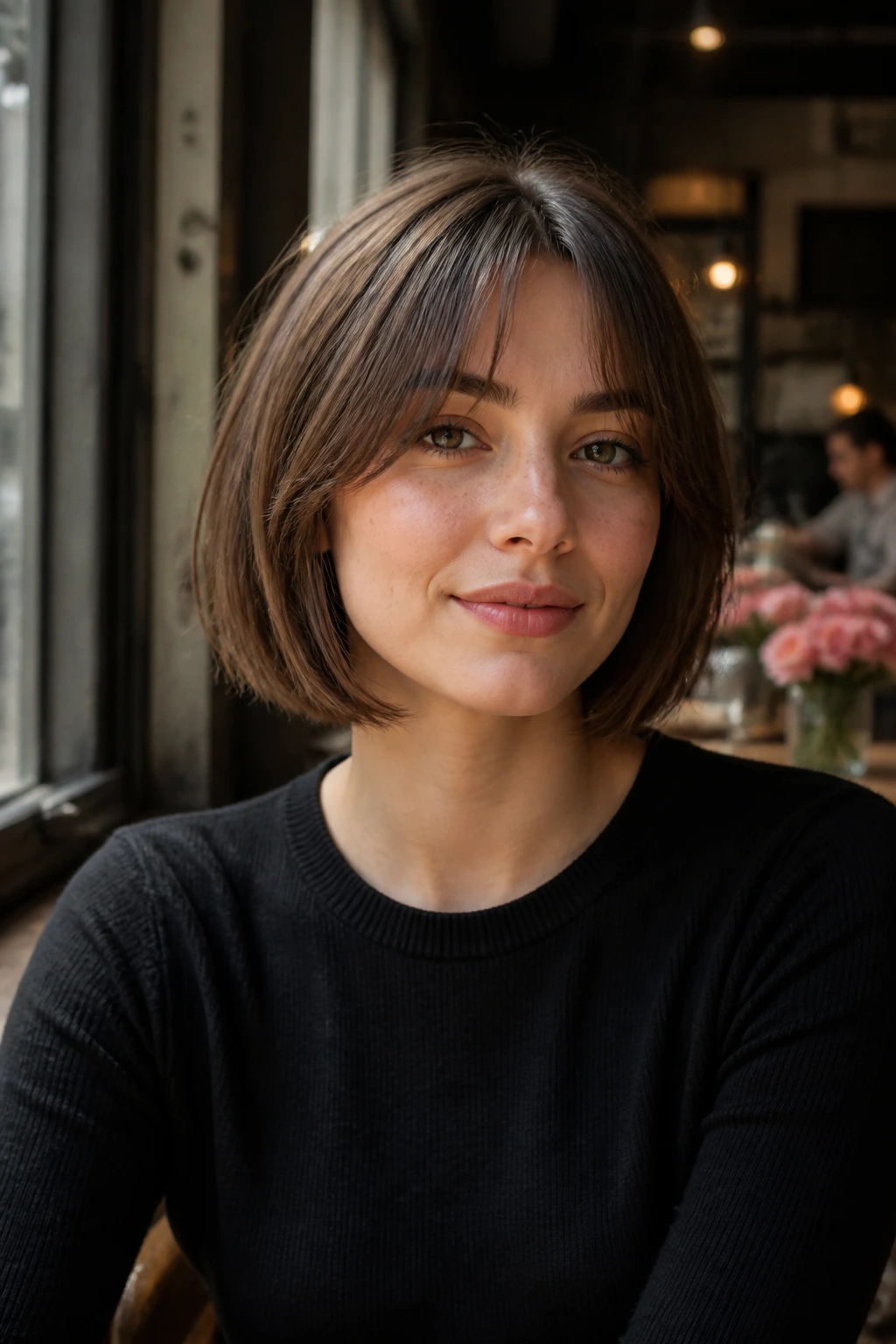 Portrait of a woman with bob and curtain bangs at a cafe window