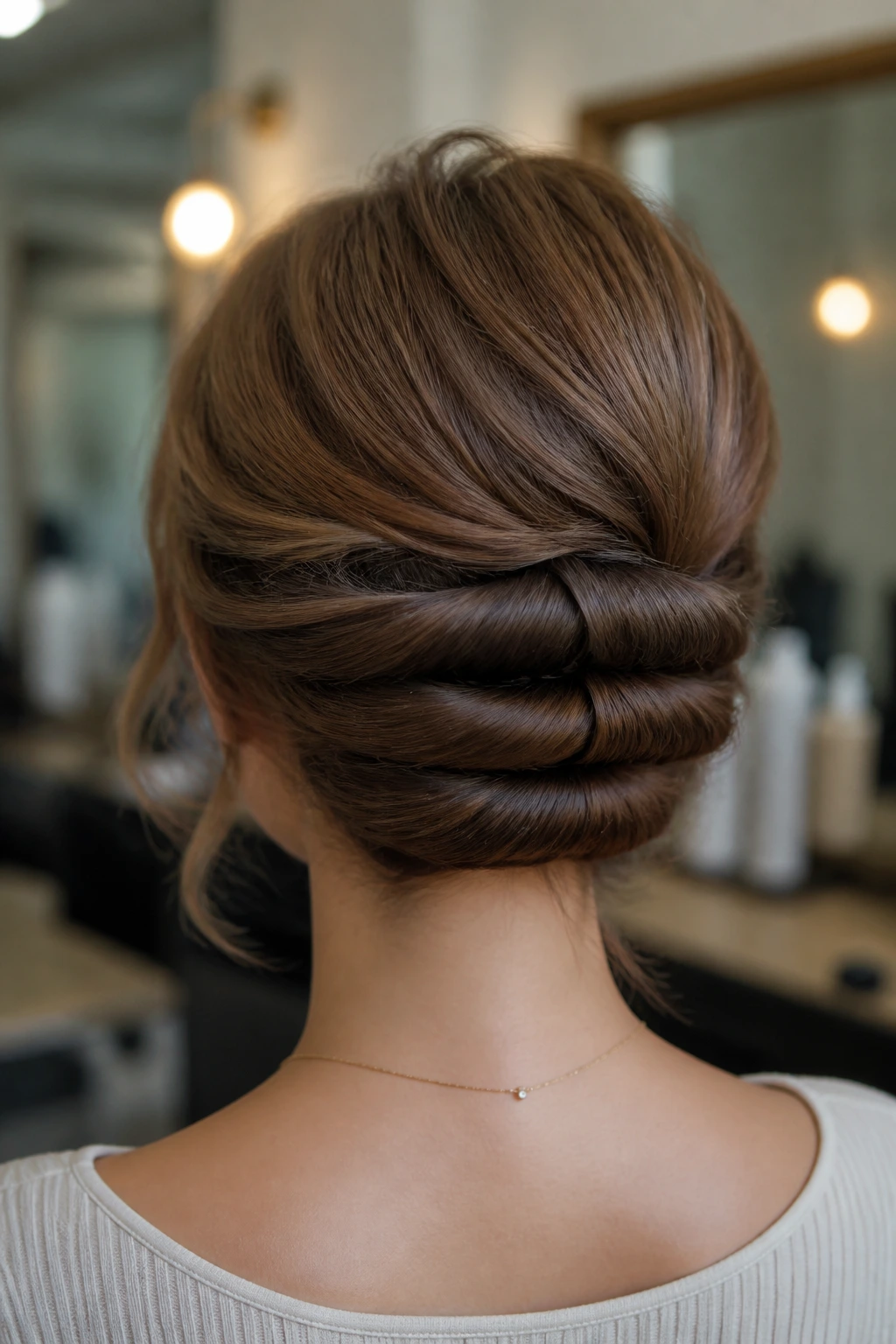 Back view of a real woman with stacked tuck sections forming a faux-bob.
