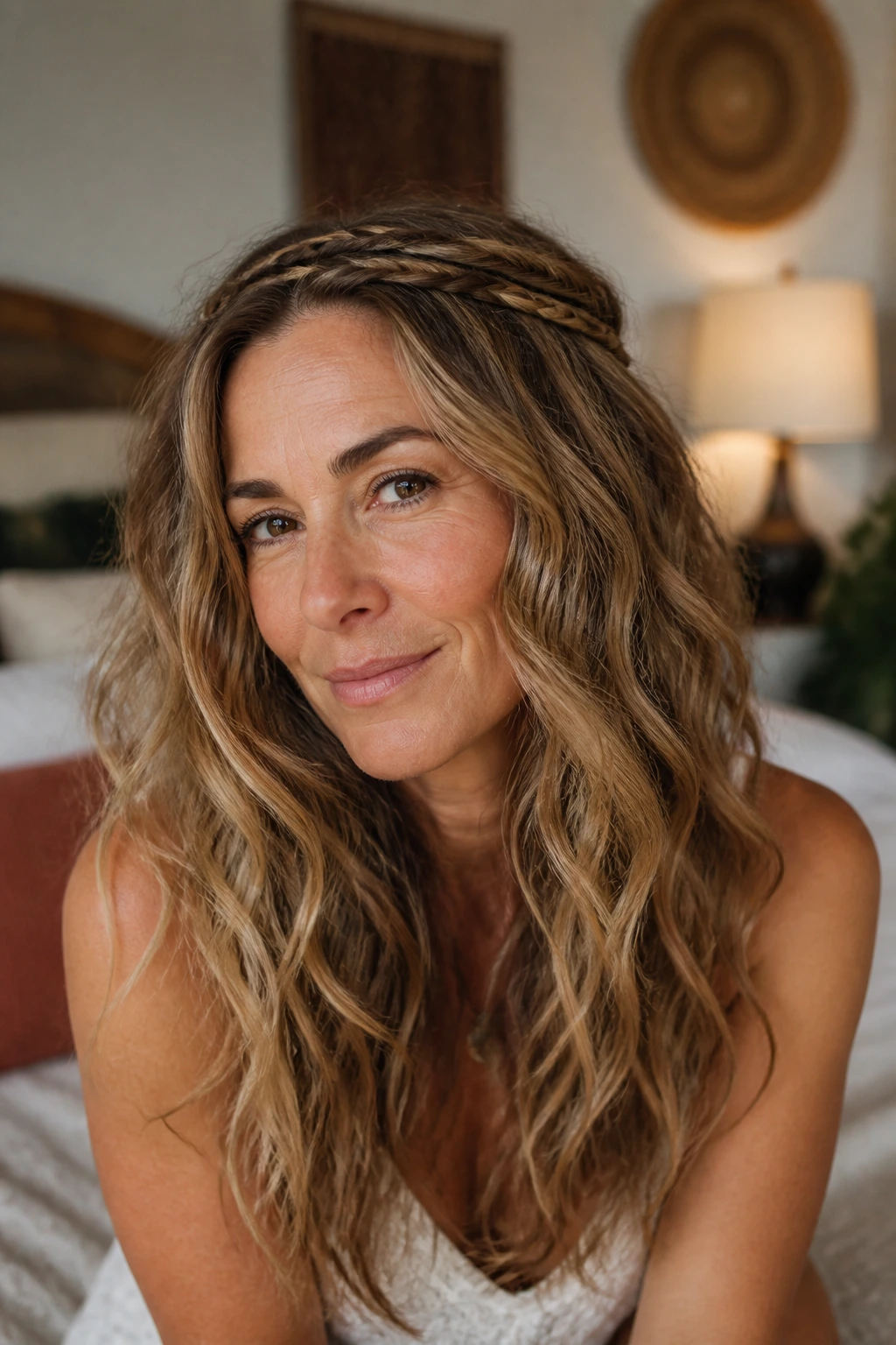 Close-up of real woman with voluminous bohemian waves in a cozy bedroom.