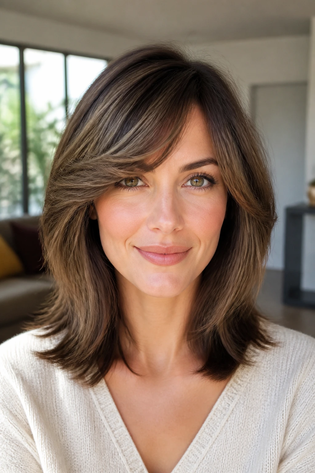 Front-facing portrait of real person with bottleneck bangs