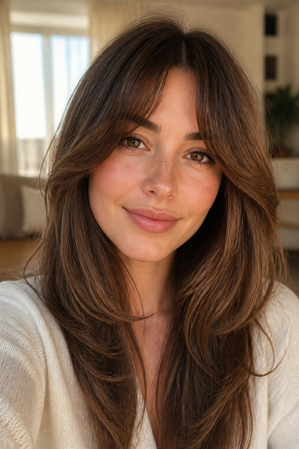 Close-up portrait of a real woman with bottleneck bangs in warm window light