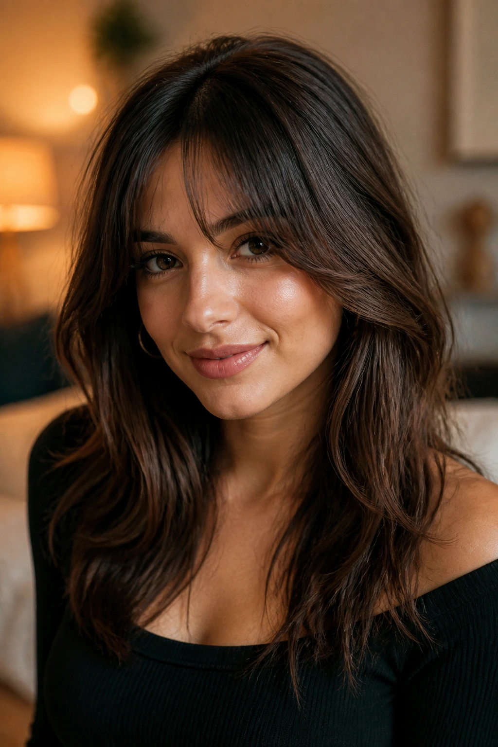 Close-up of a real person wearing bottleneck bangs that frame the cheeks