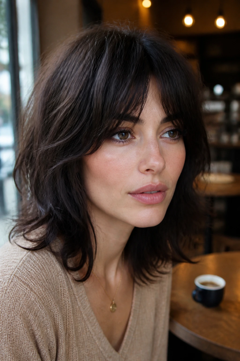 Close-up portrait of real person with bottleneck bangs shag forming a V shape