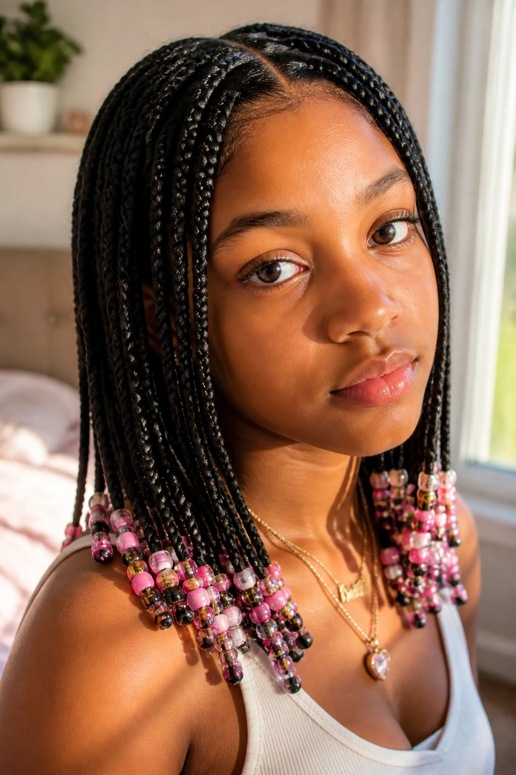Close-up portrait of a teen girl with beaded box braids in a sunlit bedroom.