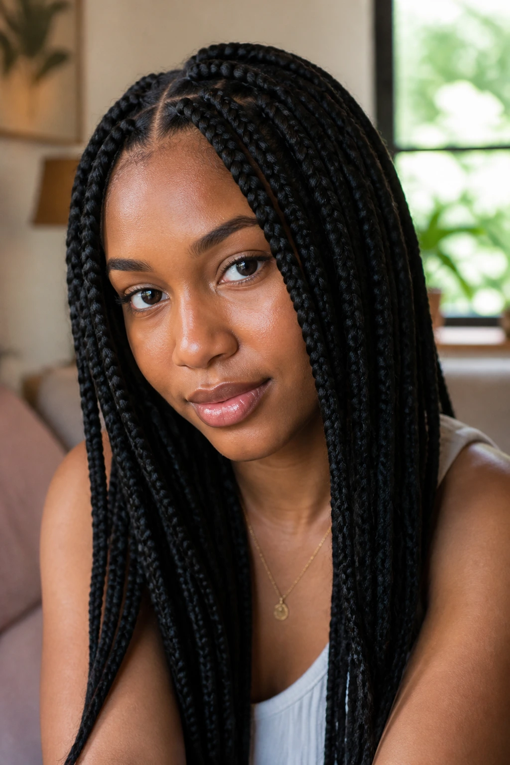Close-up portrait of a real woman with classic box braids dominating the frame