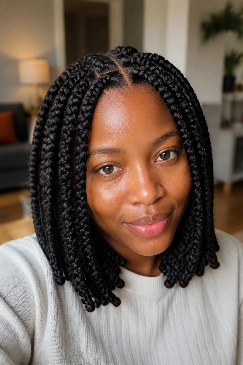 Close-up portrait of a real woman with box braids in a cozy living room