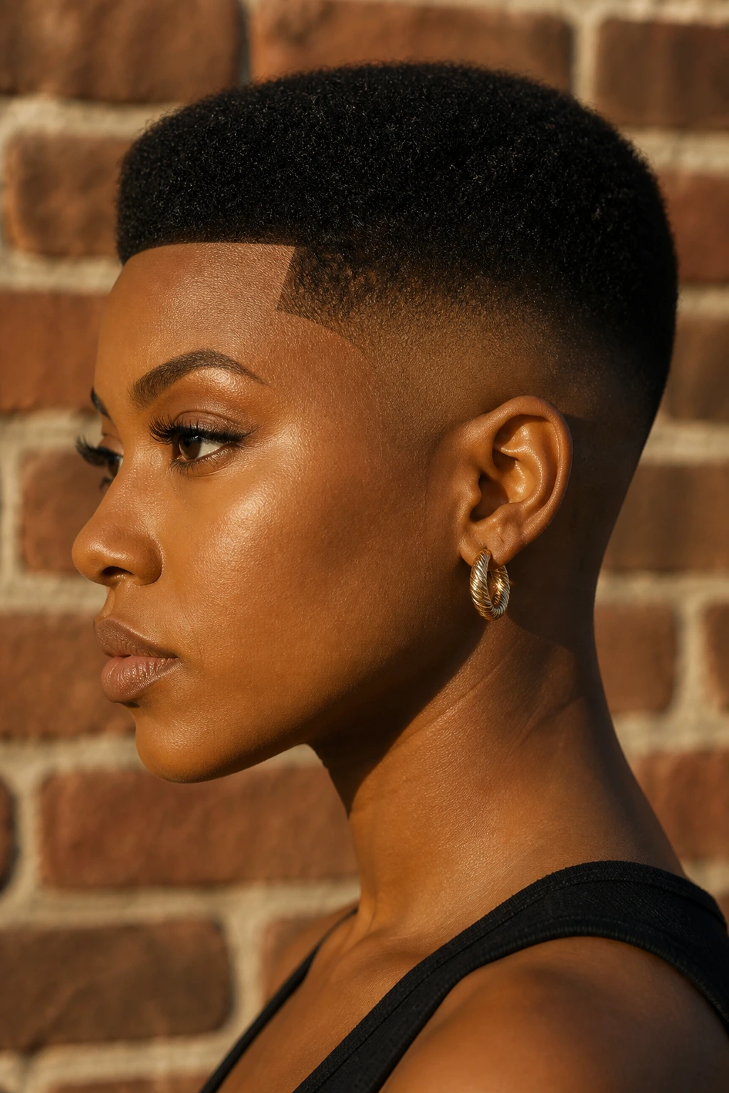 Close-up of a person with boxy tapered cut against brick wall