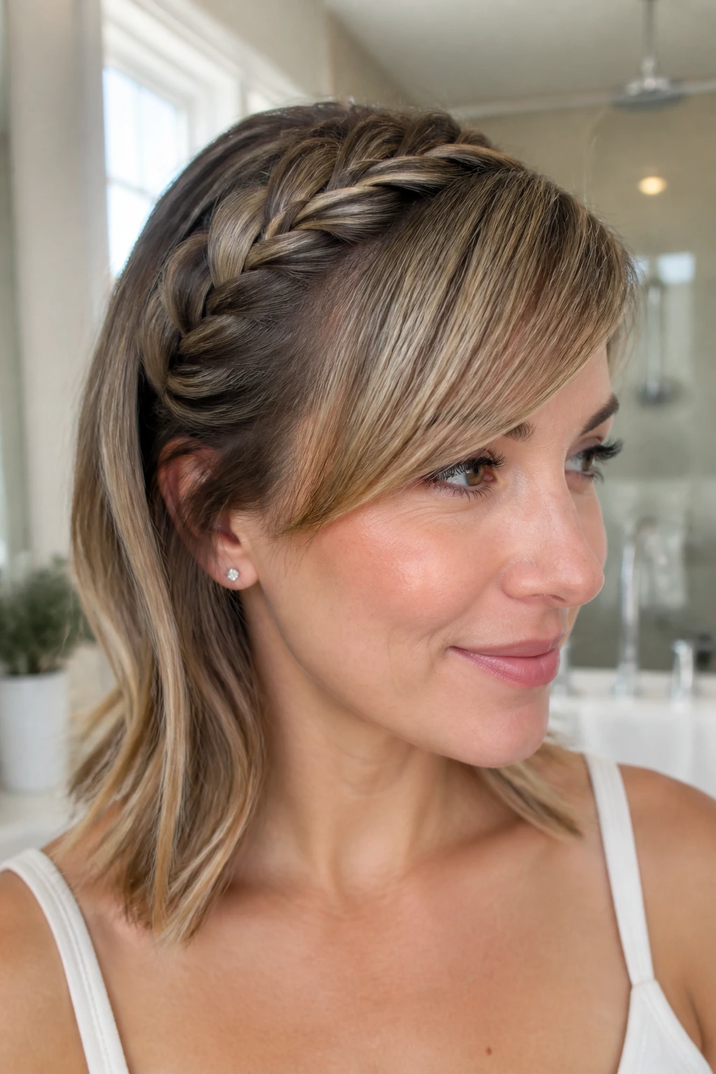 Close-up of a real woman with a side-swept braid integrated into her bangs